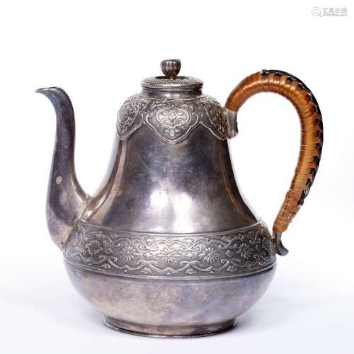Silver teapot Japanese the baluster body embossed with a band of kiku flower heads within