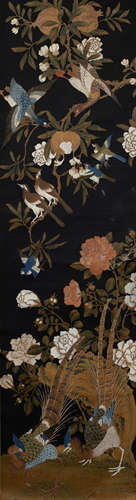 Chinese School scroll of black ground with oriental birds and fruit 158cm x 48cm approx.