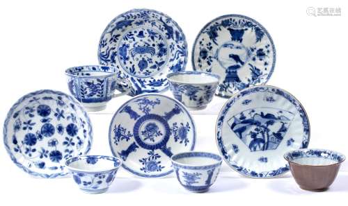 Group of five tea bowls and saucers Kangxi and later including phoenix ,foliate, figure and cafe