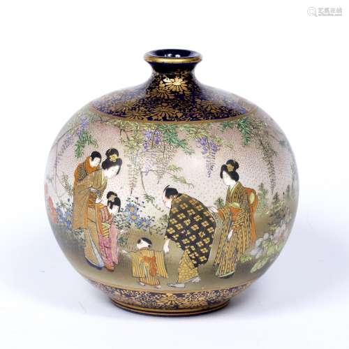 Satsuma vase Japanese, Meiji of globular form, decorated with a garden scene of numerous flowers