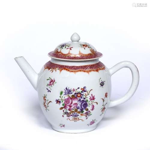 Famille rose ovoid teapot Chinese, 18th Century with spray of flowers to each side 17cm high