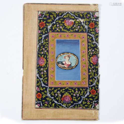 Persian school folio page one side with oval painted study of a European lady, the reverse with