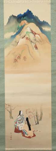 Pair of gouache scrolls Japanese, late Meiji each depicting figures in a hilly landscape, in