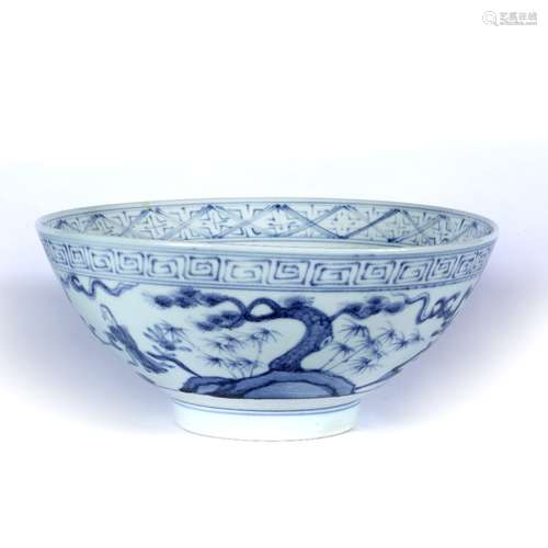 Blue and white porcelain bowl Chinese 19th/20th Century with central rockwork and pine trees 26.5cm