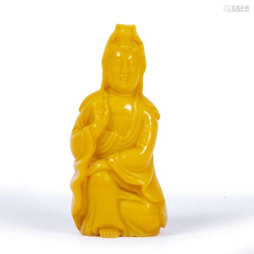 Peking yellow glass carving of Guanyin Chinese with loosely draped robes with one hand raised 7.