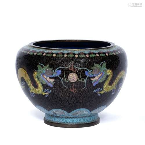 Cloisonne bowl Chinese, circa 1900 dragons on a black ground with cloud and wave designs 22cm