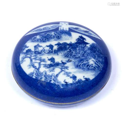 Blue and white inkpot and cover Chinese, 19th century decorated to the top with figures traversing a