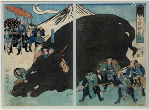 Utagawa Yoshimori Japanese, c1860 Lord Yoritomo hunting at Mount Fuji, diptych, woodblock print 47cm