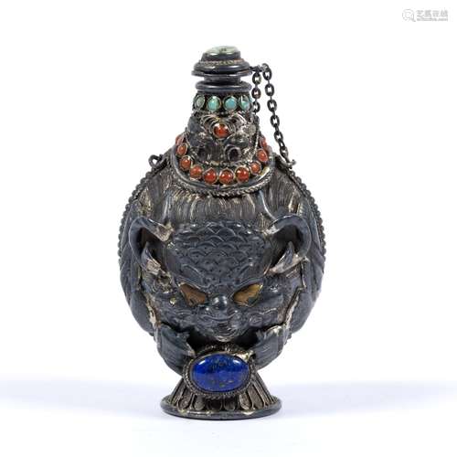 Silver enamel snuff bottle Mongolian, 19th Century inlaid with coloured stones, the snuff bottle