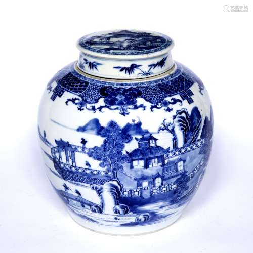 Blue and white porcelain ginger jar and cover Chinese, 19th Century with landscape and bridge