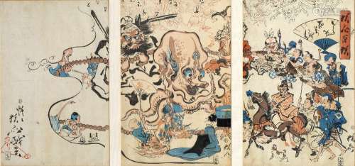 Woodblock triptych print Japanese depicting an octopus and soldiers, inscription and seal marks to