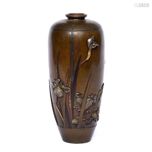 Bronze tapered oviform vase Japanese finely decorated in iroyie zogan with five cranes standing in a