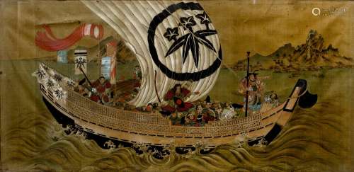 Study of a treasure ship Japanese, 20th Century watercolours on silk 86cm x 42cm