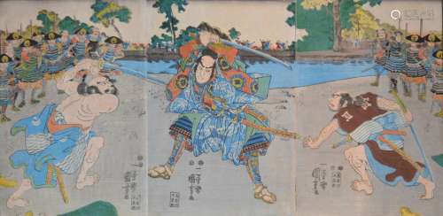 Utagawa Kuniyoshi Japanese, circa 1840-50 Triptych, Sato Masakiyo defeat two drunken Ronin as fierce