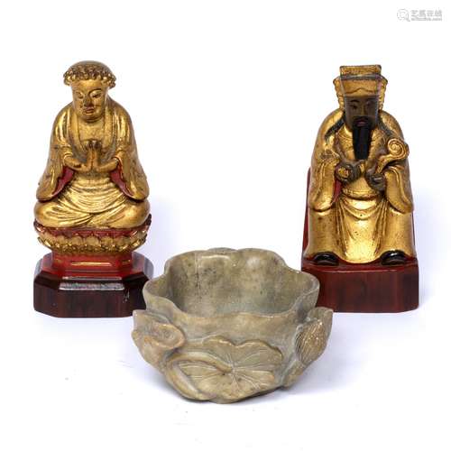 Soapstone lotus brush washer Chinese, late 19th Century 11.5cm across and a pair of carved Ming