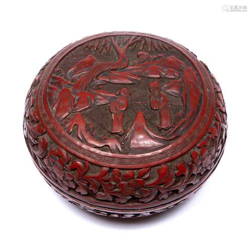 Cinnabar lacquer box and cover Chinese, 19th Century depicting two figures underneath a tree in a