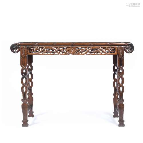 Hardwood altar table Chinese, late 19th Century with fruit and bamboo frieze 138cm across x 42cm