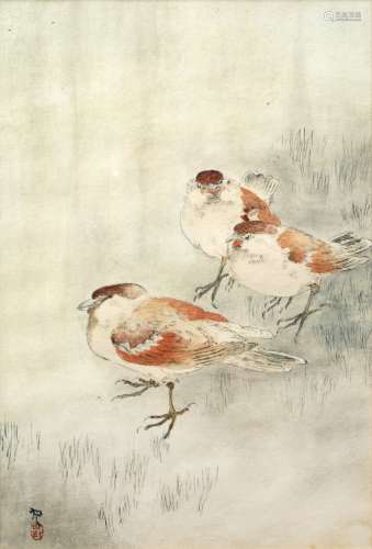 Ohara Koson (1877-1945) woodblock - three sparrows in a rain shower 34cm x 18.5cm and one other