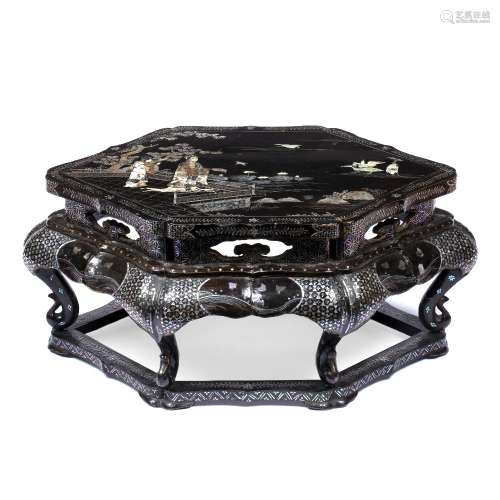 Lacquer shaped stand Chinese, 19th Century with inlaid mother of pearl depicting a terrace scene