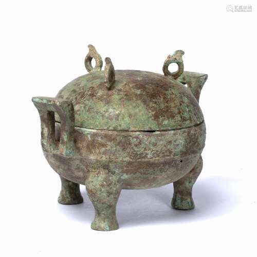 Bronze tripod vessel and cover, Ding Chinese possibly late Shang Dynasty, support by three feet, the