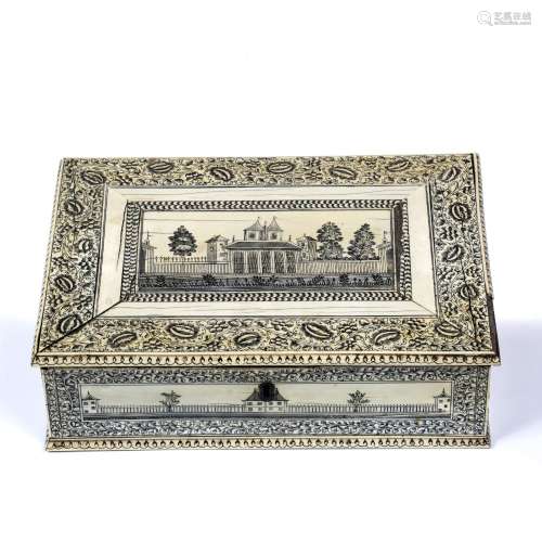 Vizagapatam ivory veneered sandalwood box Anglo-Indian, 19th century decorated to the top and
