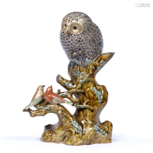 Kutani porcelain sculpture of an owl and two song birds Japanese, Meiji decorated with gilt and blue
