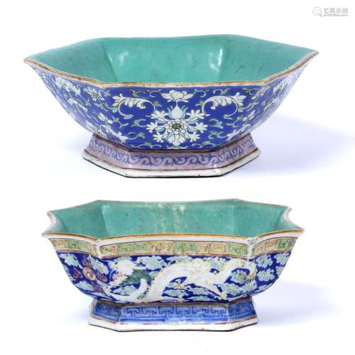 Hexagonal porcelain dish Chinese, Guangxu with blue ground and enamelled flowering lotus, red