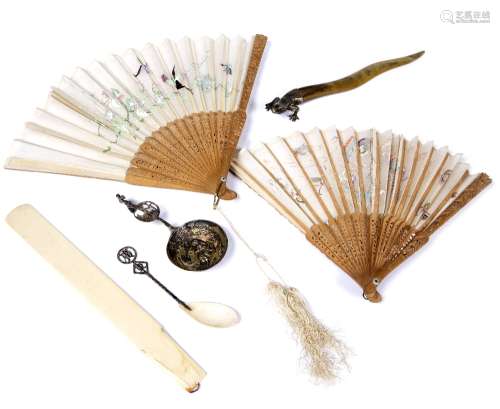 Two Canton fans Chinese the fans comprising of fabric decorated with birds, an ivory letter