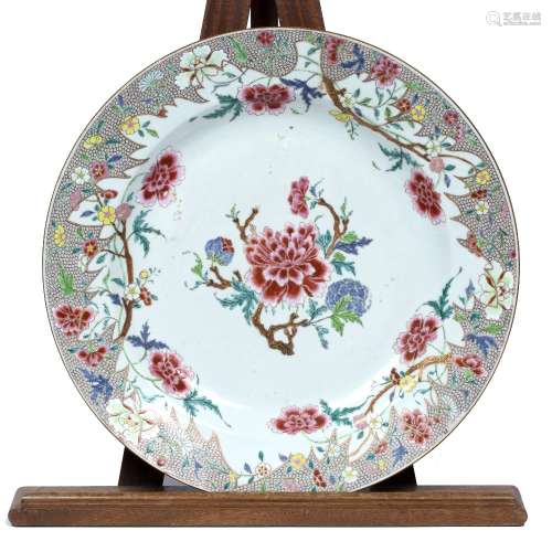 Large famille rose charger Chinese, 18th Century with central peony within a floral border with