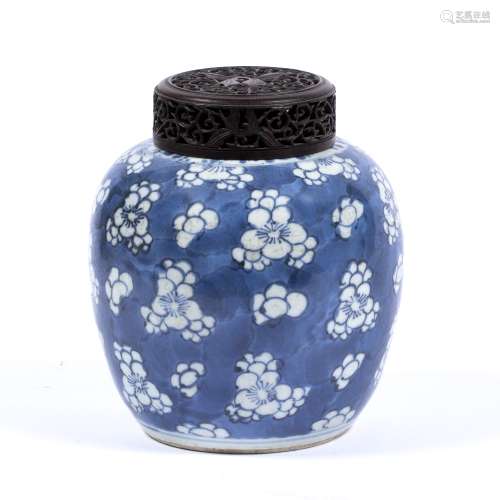 Blue and white ginger jar Chinese, 19th Century with hawthorn decoration and a pierced wooded