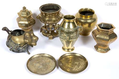 Group of brassware Chinese, 19th/20th Century including a censer on stand 16cm, an engraved vase,