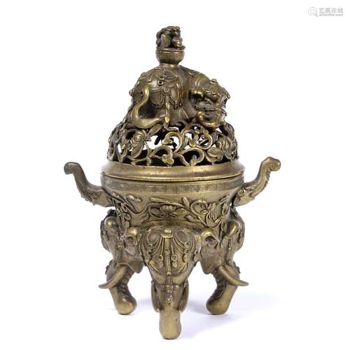 Bronze censer Chinese, 19th Century stylised as an elephant, the top with an elephant finial and