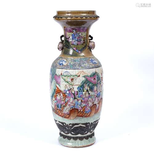 Canton vase Chinese, 19th Century painted in enamels with battle scene, reserve panels around the