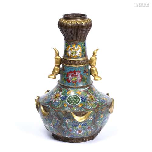 Two handled cloisonne and bronze bottle vase Chinese, 19th Century decorated with bands of lotus