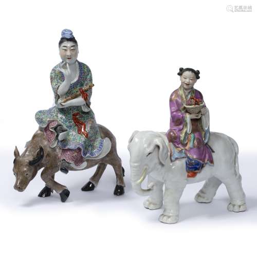 Two porcelain figures Chinese the first depicting a lady riding an elephant, with a basket of