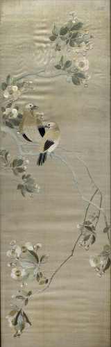 Silk panel Chinese, circa 1900 embroidered with birds and blossom 103cm x 33cm