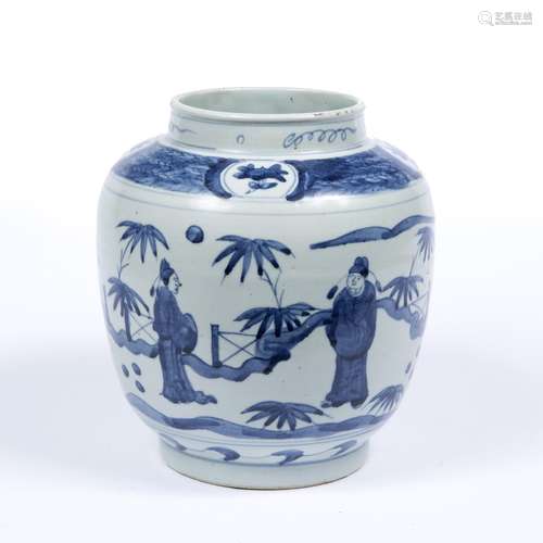 Blue and white jar Chinese, 17th century decorated to the body with attendants in a pavilion 22cm