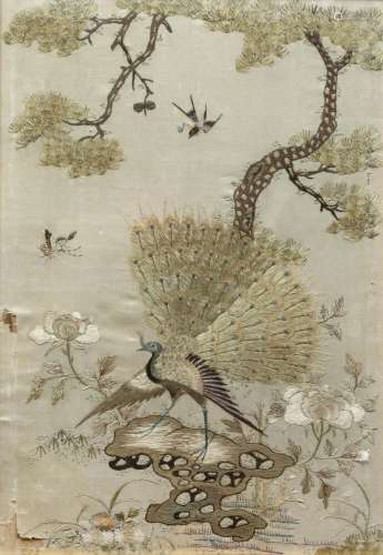 Silk and embroidered panel Chinese, late 19th Century with peacock birds and rock work 33cm x 23cm