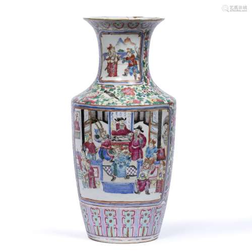 Canton vase Chinese, late 19th Century decorated in coloured enamels with two reserve panels of
