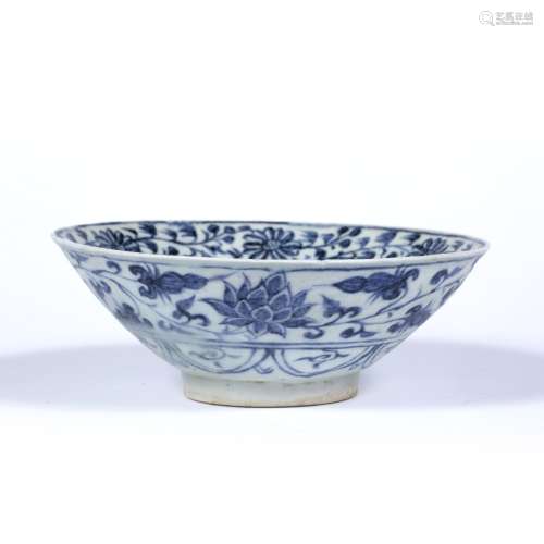 Blue and white porcelain bowl Chinese decorated in the Yuan style with ducks and lotus to the centre