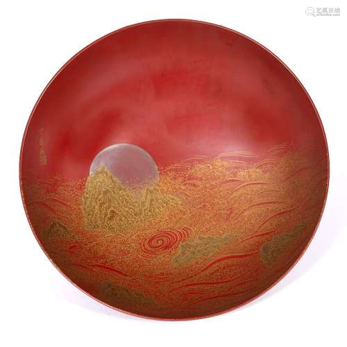 Red lacquer sake bowl Japanese, Meiji period decorated in gold and silver hirazogan work depicting a