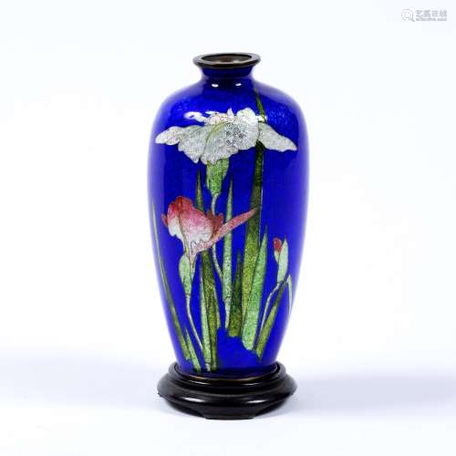 Small ginbari cloisonne enamel vase manufactured by T Hattori, Nagoya & Tokyo, Japan blue ground