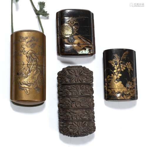 Three lacquer and one carved wood inros Japanese, Meiji