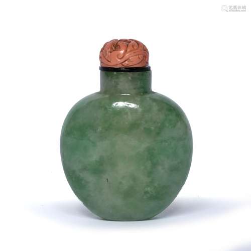 Apple jadeite snuff bottle Chinese, Qing (1636-1912) with a carved pink coral stopper, of