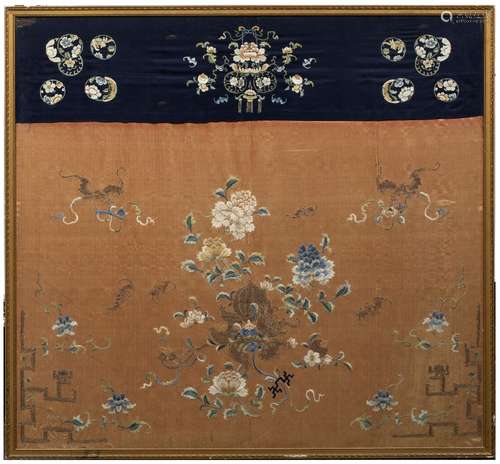 Framed silk panel Chinese, 19th Century embroidered with bats, hanging basket of flowers and peaches