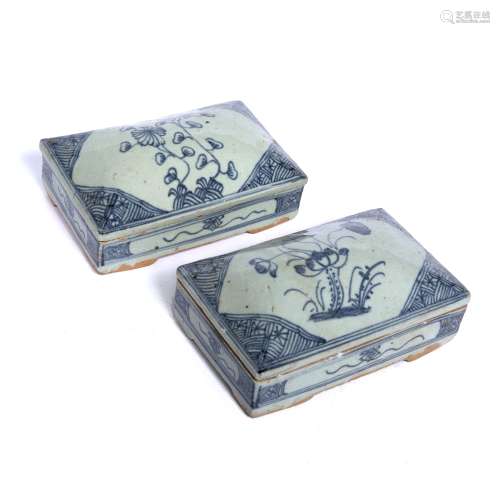 Two similar blue and white provincial boxes Chinese both with lids depicting flowers, raised on four