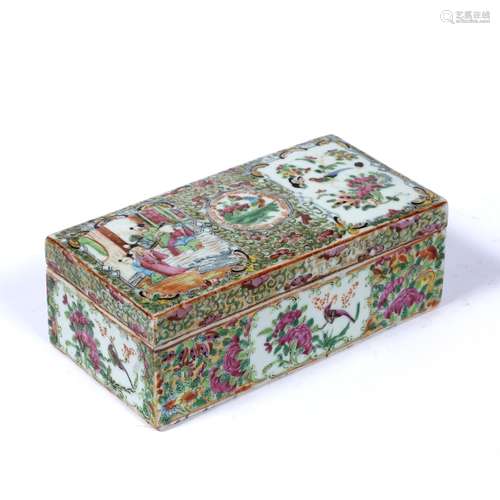 Canton rectangular pen box Chinese with rose medallion panel 19cm across