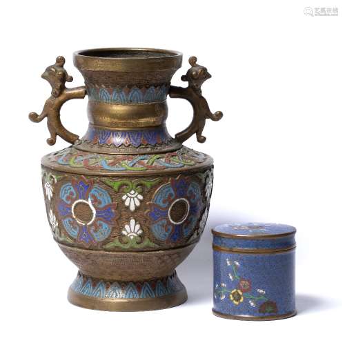 Archaic style bronze and enamel vase Chinese, circa 1900 25cm high and a Chinese blue cylindrical