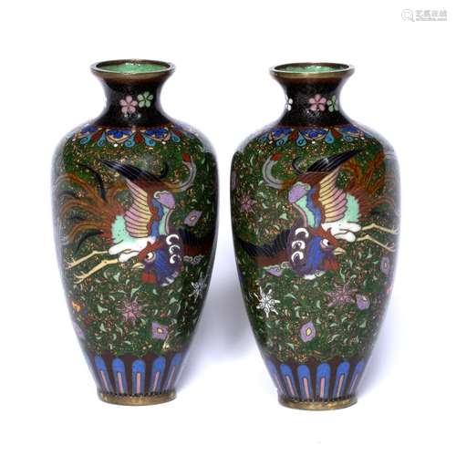 Pair of small cloisonne vases Chinese, circa 1900 of speckled green ground decorated with phoenix in