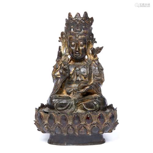 Gilt bronze model of Guanyin Chinese, late Ming the seated figure representing the incarnation of